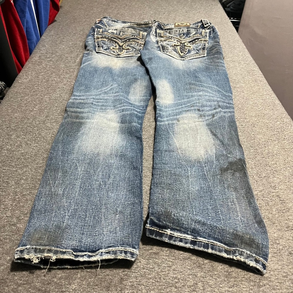 Rock Revival Tanner Straight Distressed Mens Jeans Blue 34x31 Fleur De Lis